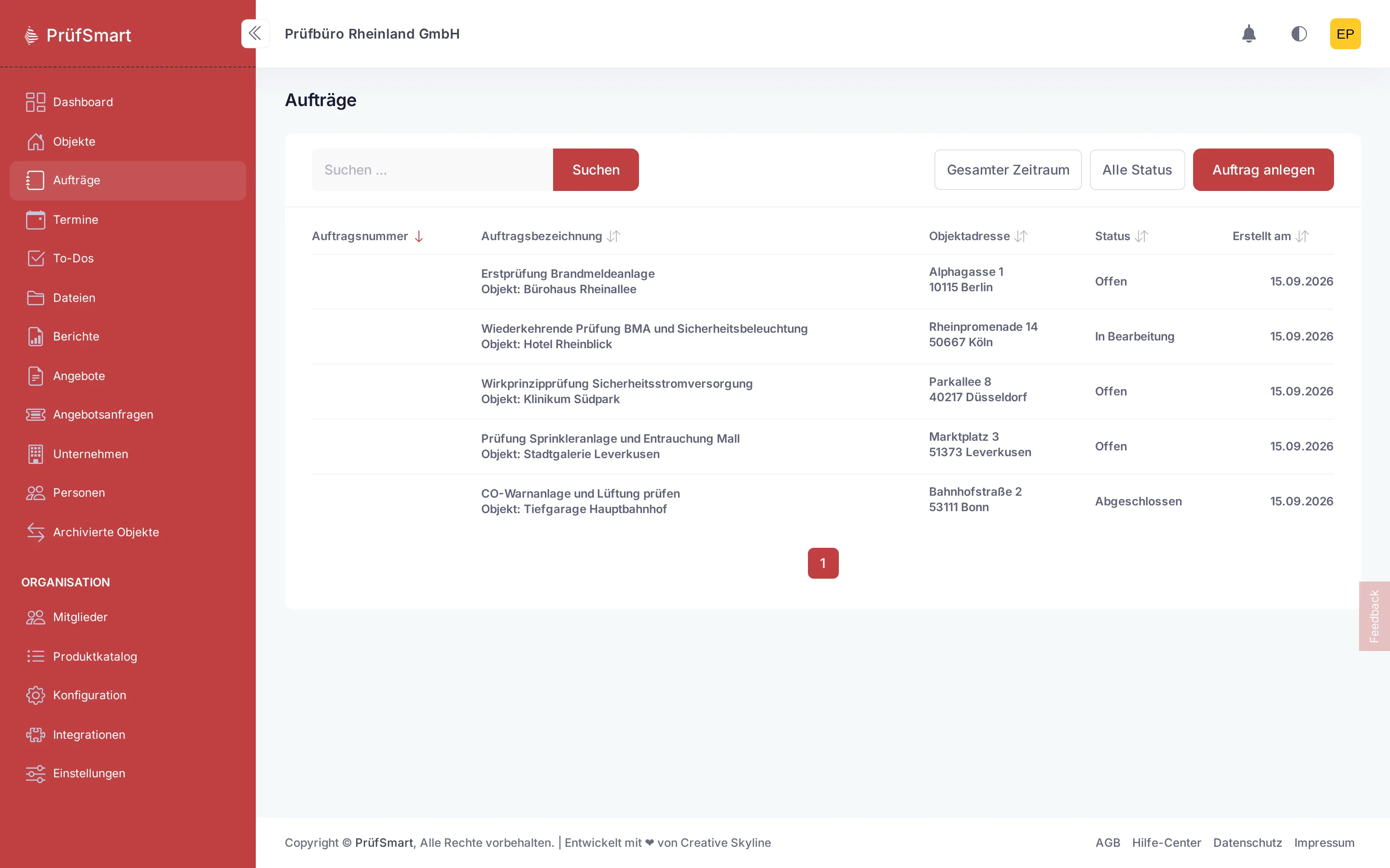 Auftragsliste in PrüfSmart mit Objekt, Adresse und Status