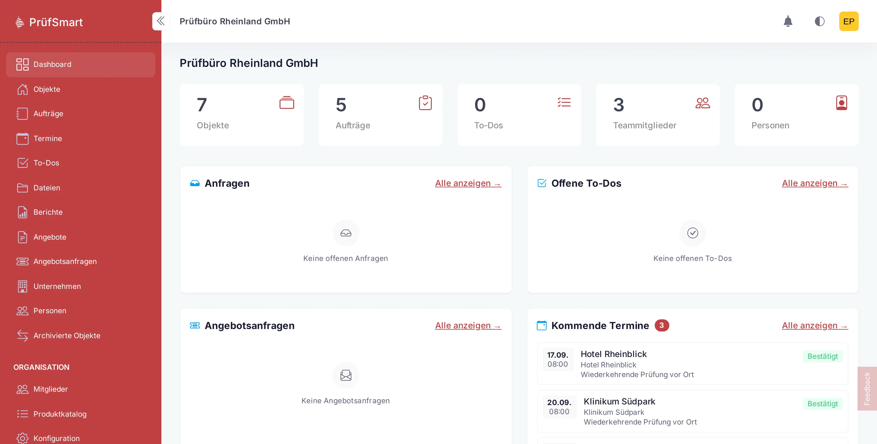 PrüfSmart Dashboard mit Objekten, Aufträgen und offenen Mängeln