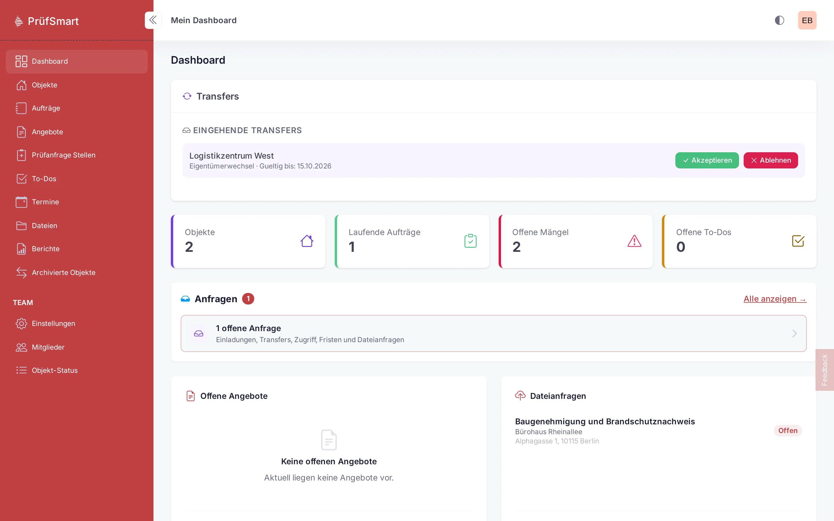 Betreiber-Dashboard in PrüfSmart mit Objekten, Aufträgen und Mängeln