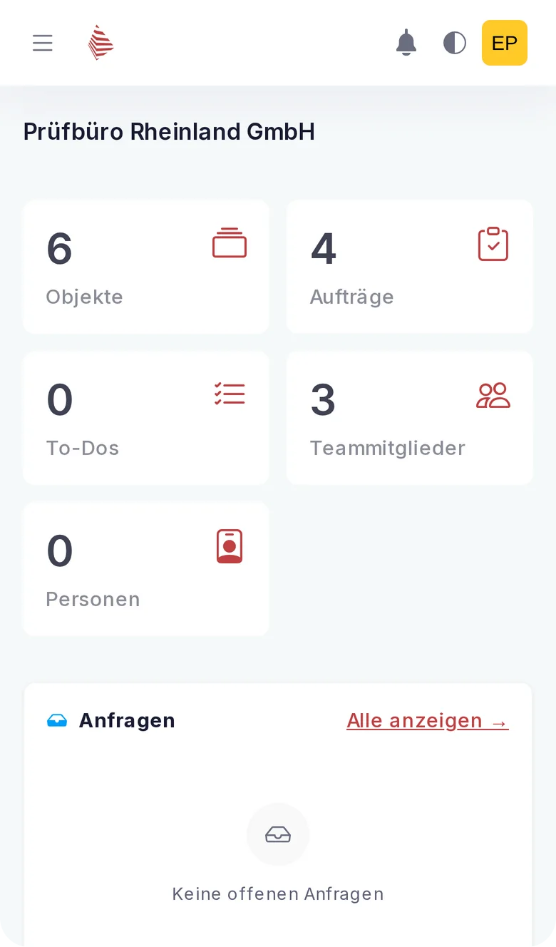 PrüfSmart auf dem Smartphone: Dashboard mit Objekten und Aufträgen